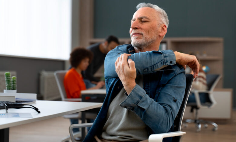 Office relaxation exercises with desk stretches